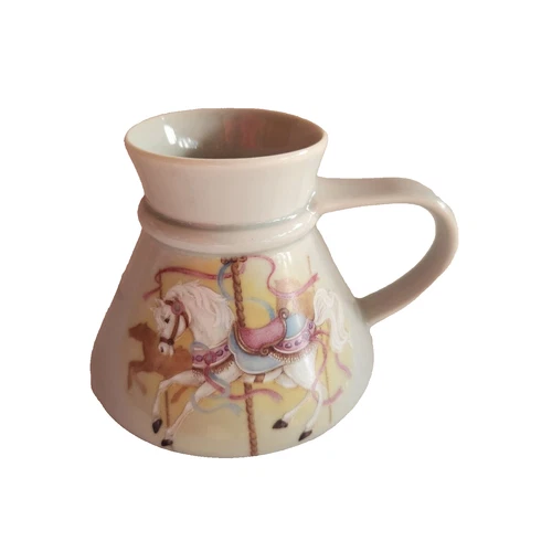 Vintage Otagiri Coffee Mug Spill Proof Travel Cup Carousel Horses 16 oz