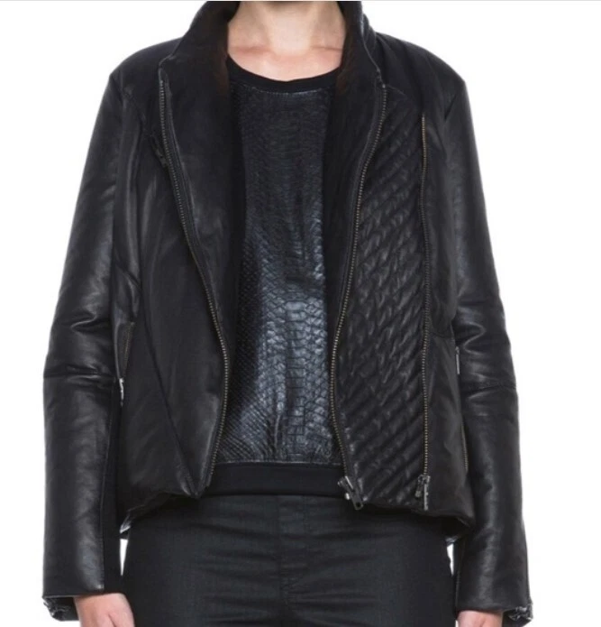 HELMUT LANG Leather Down Jacket Small Black Lambskin Puffer Coat