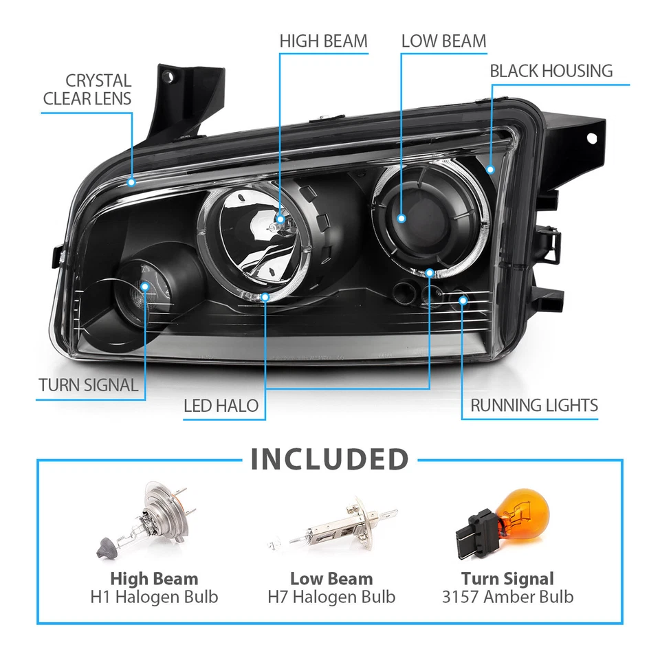 Par de faros proyectores negros para Dodge Charger 2006-2010/halo LED de alta potencia Foto 4 de 4