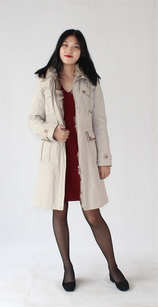 Luxurious rabbit fur-lined fabric coat with real mink collar