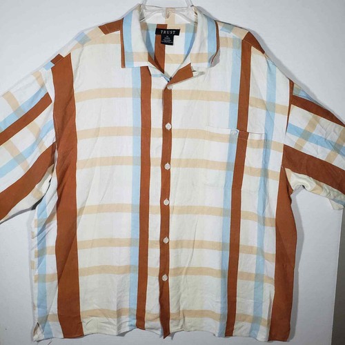 Camicia Trust Lino Plaid 3X XXXL Manica Corta Bottoni Marrone Ruggine Blu