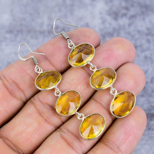 Orecchini pendenti gioielli argento sterling 925 pietra preziosa citrino regalo per donna - Foto 4 di 4