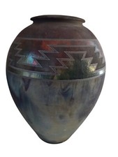 R. Kevin Kelley Artist Signed Raku Iridescent Clay Vase Pottery Chip in Rim 14
