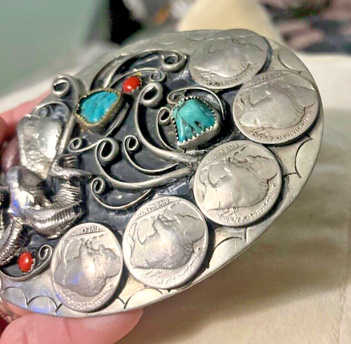 Vinatge Native Silver Nickle Ram & Buffalo Nickels, Turquoise & Coral Buckle - Picture 3 of 19