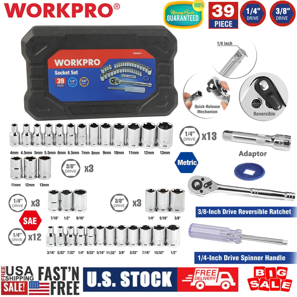 WORKPRO 140PC/101PC/ 39PC 3/8" 1/4" Drive WRENCH Socket Set SAE Metric Socket US - Image 3 of 4