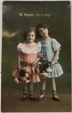 Happy Birthday Girls Darling Dresses with Flower Bouquets c1915 Postcard R2