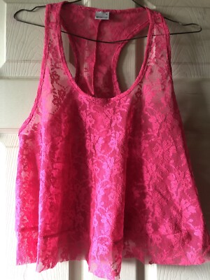 Ladies Gina Tricot Pink Lace Sheer Vest Tank Sleeveless Top Size