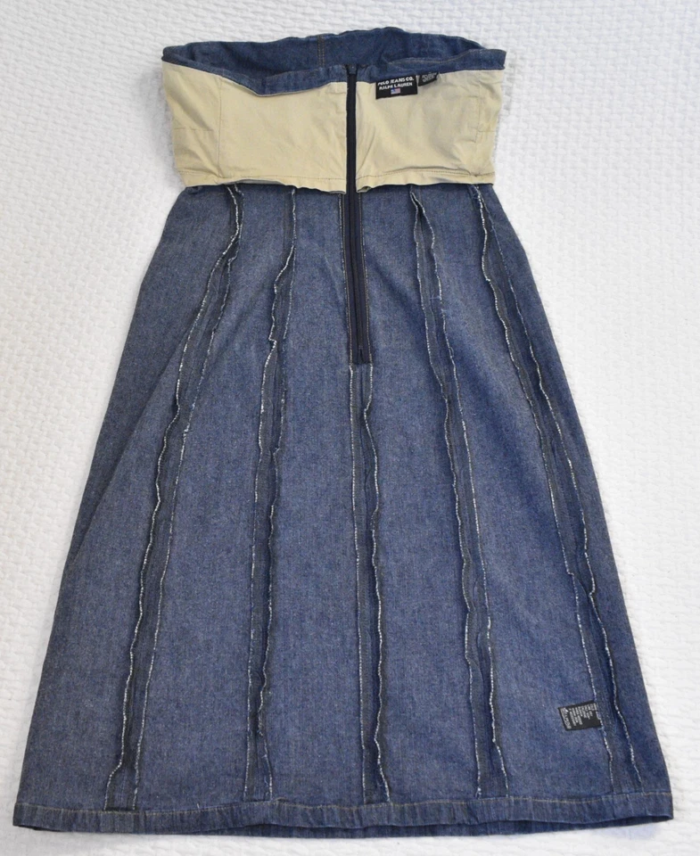 Vintage Ralph Lauren Denim Dress Stretch Midi Straight Strapless Zip 90s Women 4 - Image 4 of 4