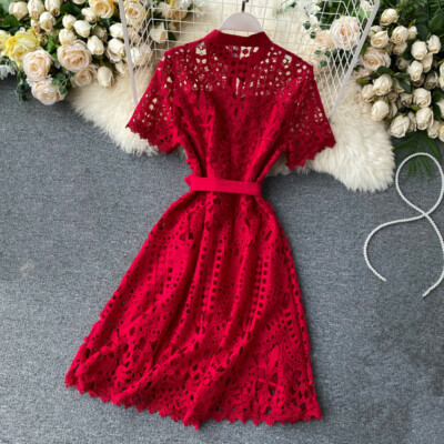 chinese dress ladies Ru Sweet Women Summer Hollow Out Lace Mini Dress Lace Eyelet Lantern Sleeve  Lapel Button Ruffle Flowy Beach Vacation Dresses (Black,Small) at Amazon  Women's Clothing store