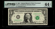 Low Serial Number 97 Fancy Serial Number One Dollar Bill PMG D00000097B