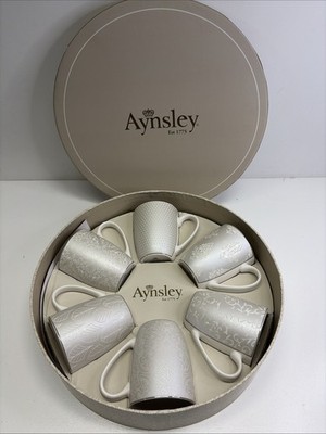 Aynsley SILVER BROCADE Mugs - Set/6 - Gray Fancy Patterns-In Hat Box