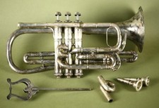 C.G. Conn Silver Plated Cornet Original Case, Two Mouthpieces, Needs Work