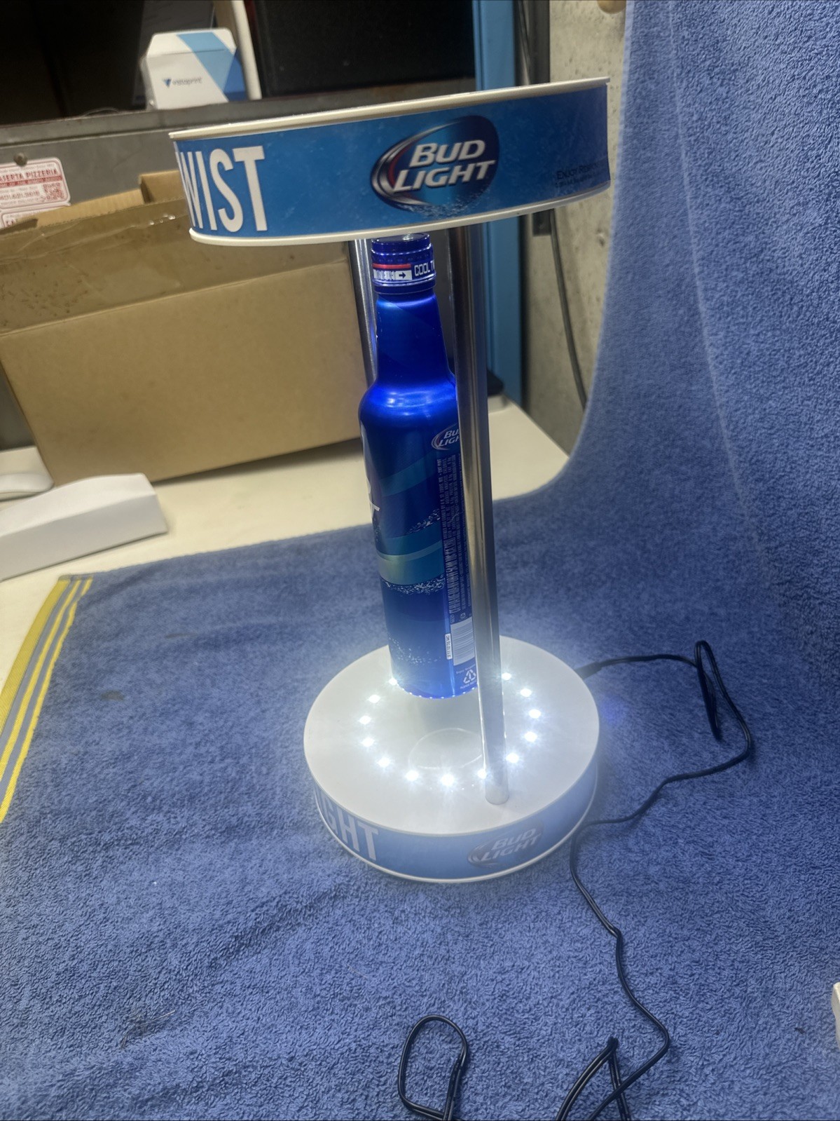 NIB BUD LIGHT BEER COOL TWIST FLOATING ALUMINUM BOTTLE LIGHT DISPLAY SIGN