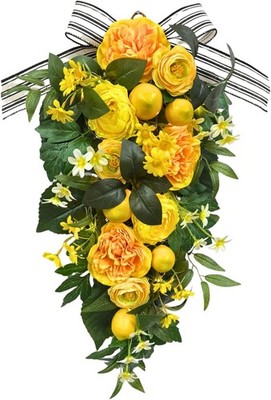24'' Pre Lit Lemon Door Swag; LED Spring Summer Wreath; Yellow Peony Bow