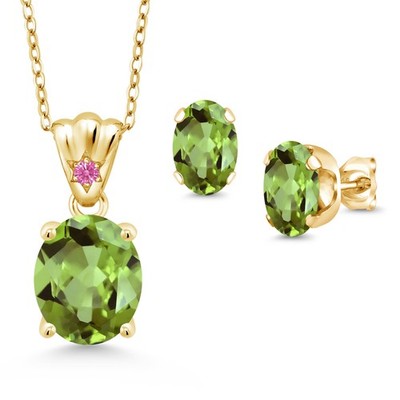 18K Yellow Gold Plated Silver Peridot and Pink Zirconia Pendant and Earrings