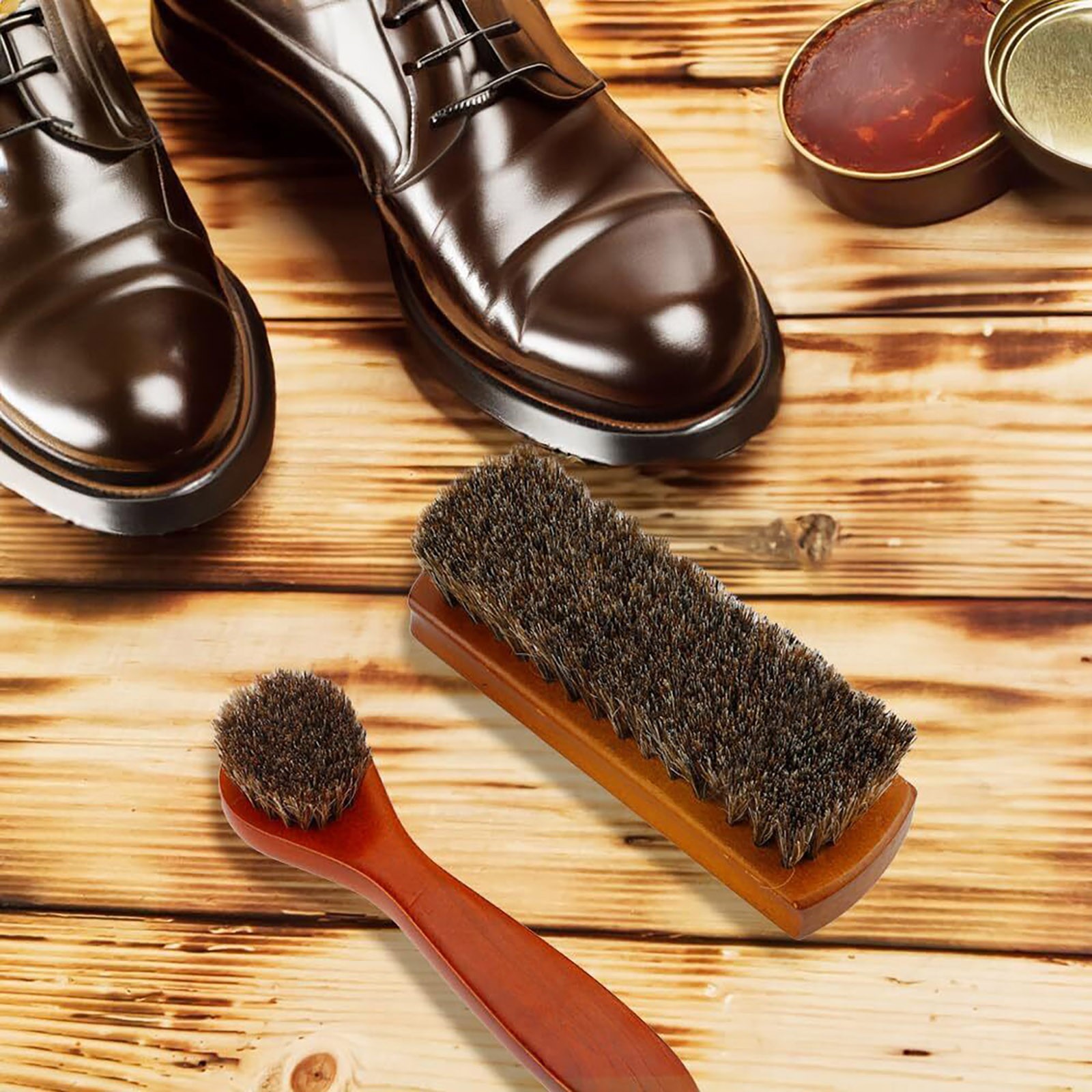 2 Pieces Brown Shoe Cleaning Brush Wood Handle Leather Shoes Horsehair Brush