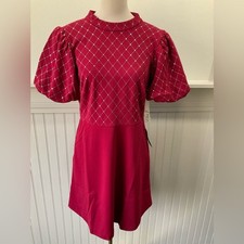 Eliza J Red Puff Sleeve Dress Size 10 NWT Pockets Stretch