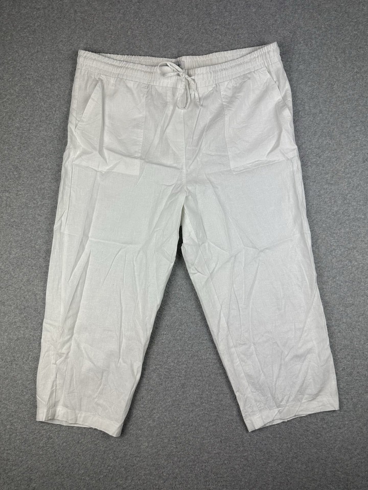 Grae Linen Womens Crop Length Linen Blend Pants Sz 18 W39" Plus White Drawstring