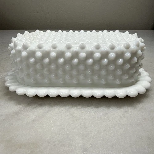 Vintage Fenton Hobnail Milk Glass Butter Dish Scalloped Edge with Lid