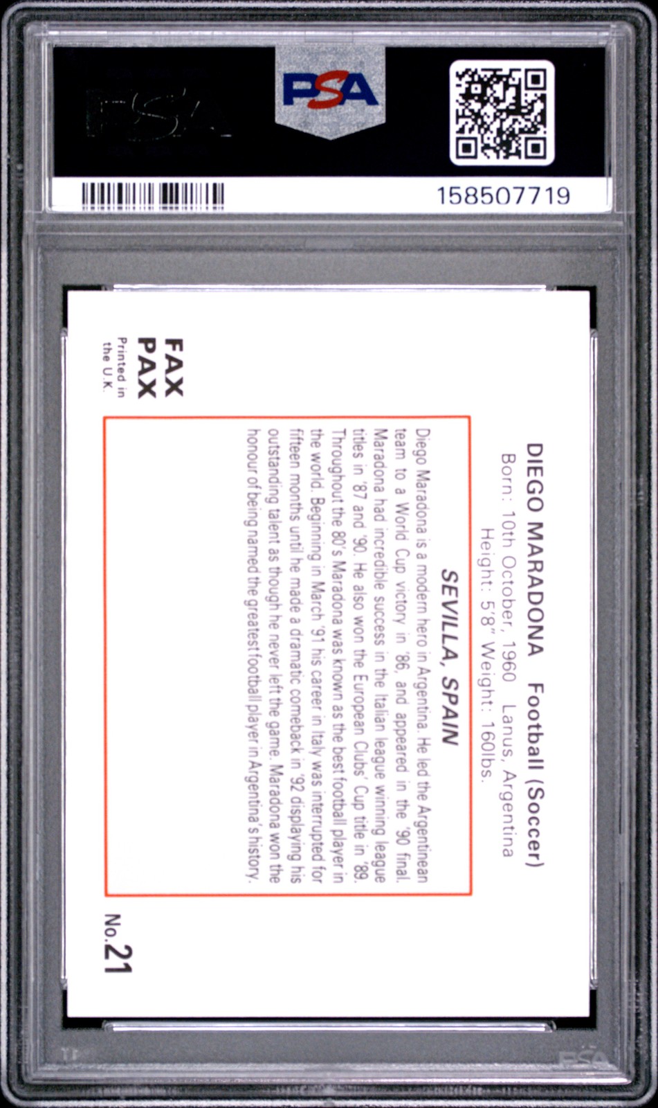 158507719 Diego Maradona 1993 Fax Pax World of Sport #21 PSA 10 view 2
