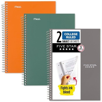 Spiral Notebooks, 3 Pack, 2 Subject, College Ruled, 9 1/2'' x 6'', 80 Sheets, S...