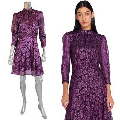 JUST CAVALLI BY ROBERTO CAVALLI DRESS METALLIC LACE MOCK NECK PURPLE sz 38 2