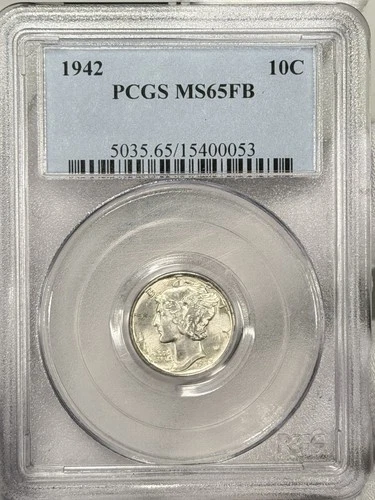 1942-P 10c Mercury Dime PCGS MS65 FB Silver Ten Cent US Coin FULL BANDS!
