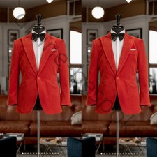 Red Velvet Men's Suits Peak Lapel Formal Wedding Groom Tuxedos Party 2 Pieces
