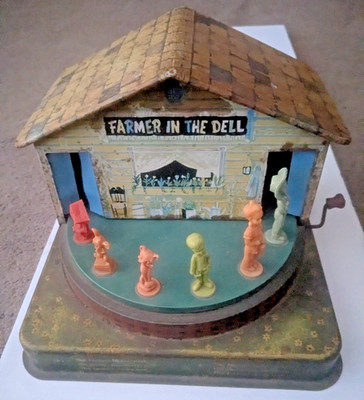 Vintage Mattel Farmer in the Dell Toy 503 Tin Wind-Up Music Box 1950s