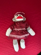 VTG Handmade Sock Monkey Red Dress Collectible Retro Toy