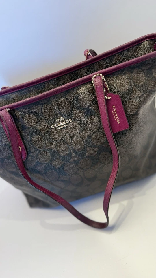 蔻驰签名手提包勃艮第装饰棕色帆布钱包-需要维修 — 第 4/4 张图片