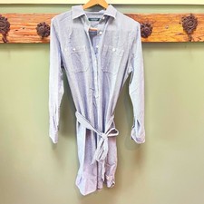 Ralph Lauren Women Medium Blue White Stripe Cotton Belted Shirt Dress Casual