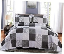 Floral  Plaid Patchwork Quilt Set - Lightweight King Gray Floral Plaid