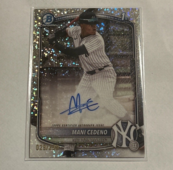 2025 Bowman Chrome #CPA-MCE Mani Cedeno 1st Auto Speckle Refractor /299 Yankees
