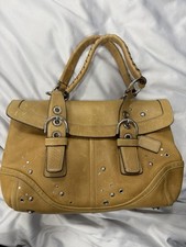 Coach Tan Pebbled Satchel Top Handle Bag Studded Buckle Charm Medium