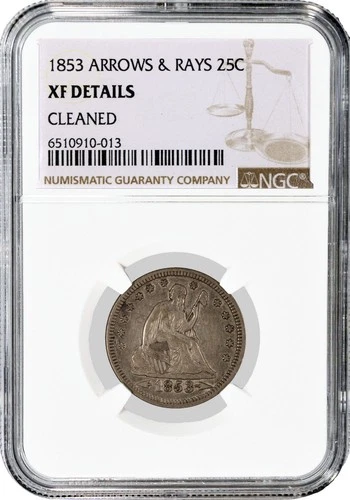 1853 Arrows & Rays 25C Seated Liberty Quarter Silver NGC XF Detail Cleaned Coin