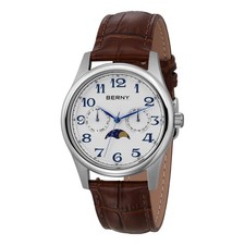 BERNY Men's Quartz Watch Moon Phase Day Date Business 3ATM Leather Multi-dial