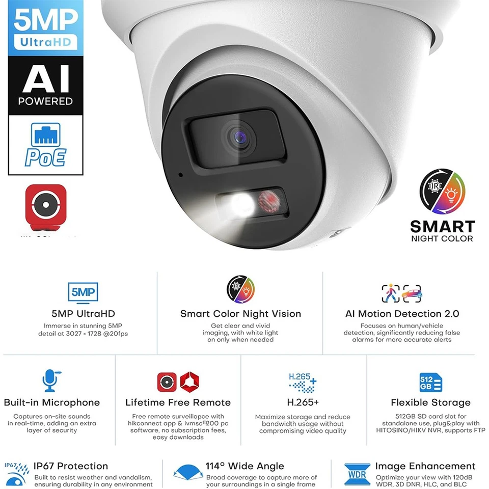 Lote HITOSINO 8 canais 5MP sistema de câmera de segurança visão noturna colorida metal microfone POE NVR - Imagem 3 de 4