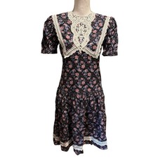 Vintage 80s Jessica McClintock Gunne Sax Size S 4 6 Drop Waist Floral Lace Dress