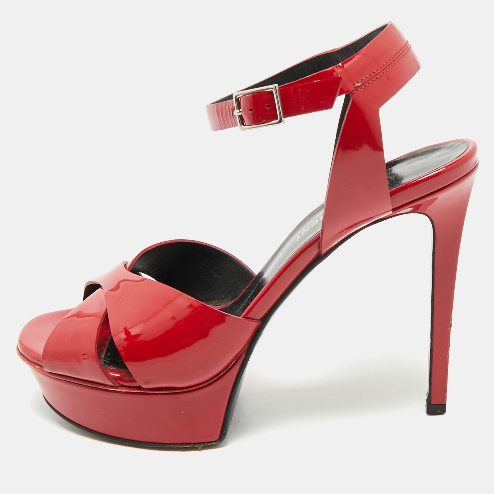 Sandali Saint Laurent rossi in vernice con cinturino alla caviglia plateau taglia 36