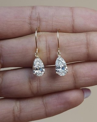 3.00Ct Pear Cut IGI Lab Grown Diamond Drop/Dangle Earrings Solid 14k Yellow Gold