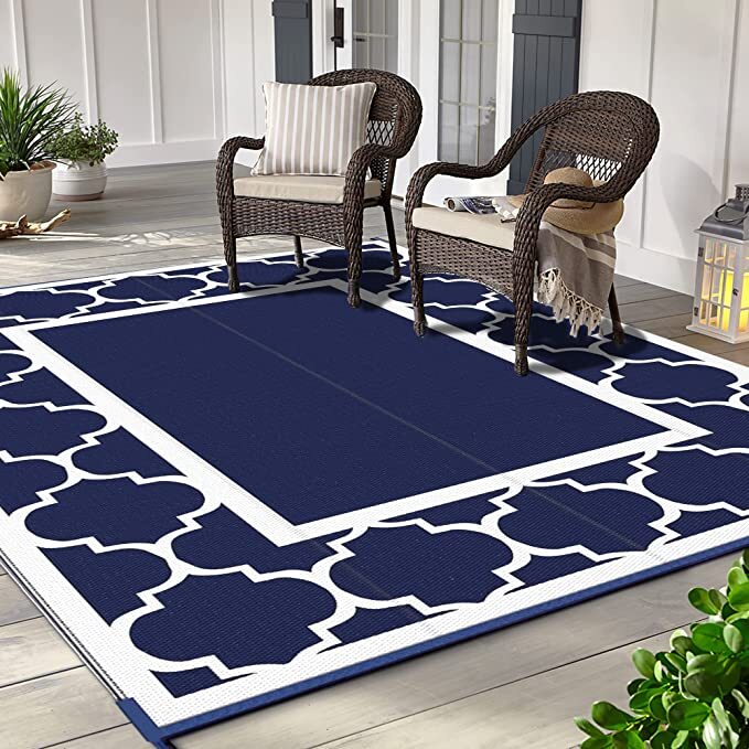 Navy White Bordered RV Mat Reversible Rug 6 x 9 ft Foldable
