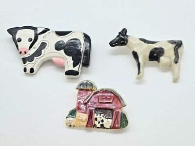 #ad #ad Handmade Brooch Lot Of Three Farm And Cow Clay And Wood With Enamel And Paint $13.65