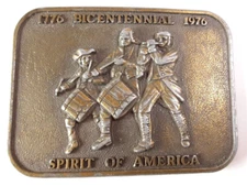 Brass Metal Belt Buckle Vintage 1776 Bicentennial 1976 Spirit of America/GC