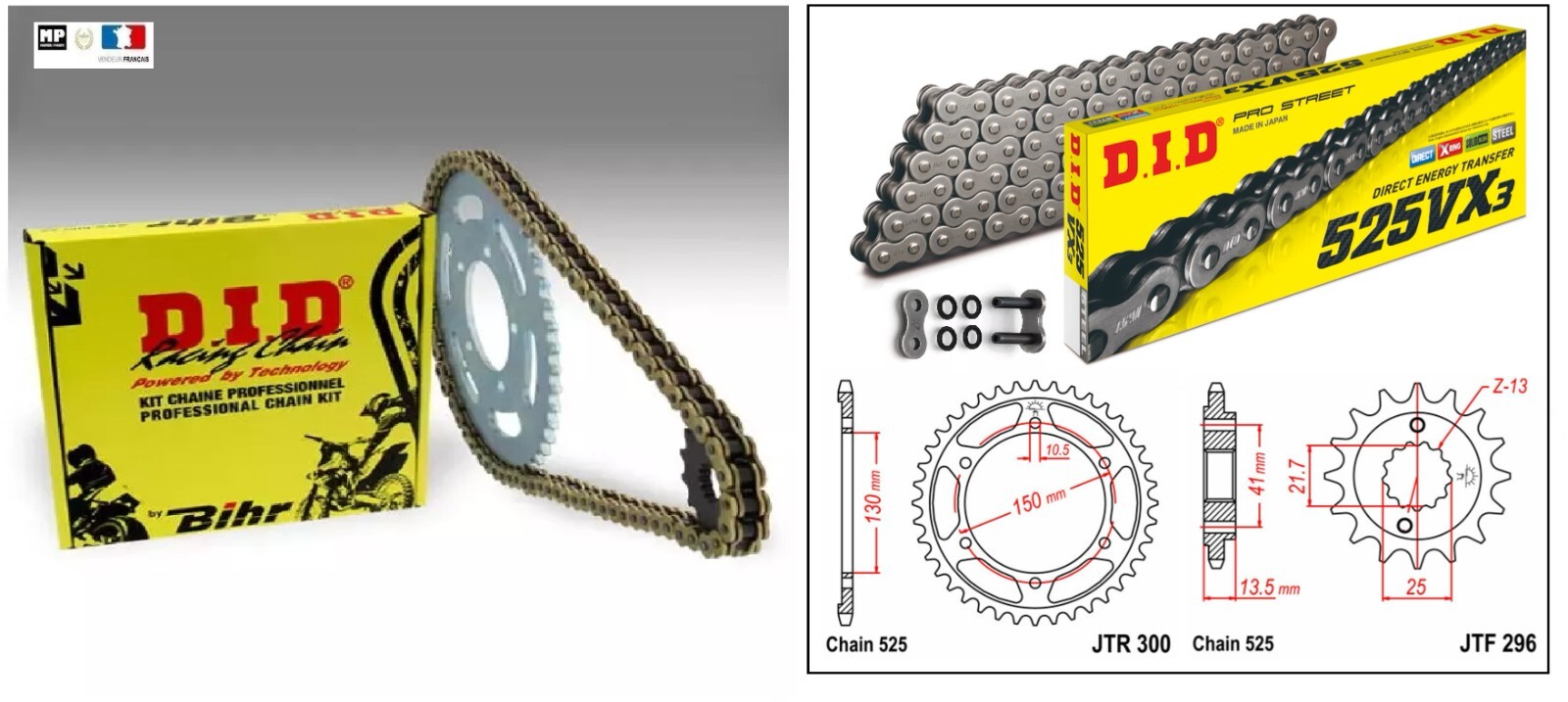 Kit chaîne renforcé DID 525VX3 noir longévité moto XL650V
