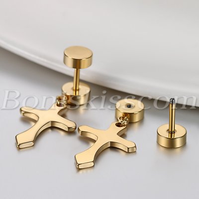2 Pairs Stainless Steel Cross Drop Dangle Stud Earrings - Punk Hip Hop Style Unisex 7 thumbnail image