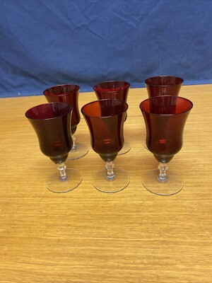 6 Ruby Red & Clear 5 1/4  Wine Glasses