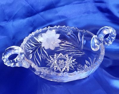 Amer. Brillant Cut Glass Handled Bowl Wheel Cut Cornflower Hobstar Sawtooth Rim