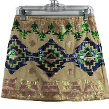Tribal Aztec Festival Print Sequin Mini Lined Skirt Size Medium