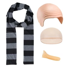 4-Pack Adult Halloween Costume Set Striped Scarf Fake Nose Bald Cap Wig